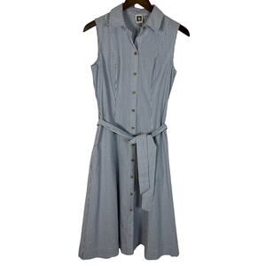 Anne Klein Blue White Stripe Seersucker Sleeveless Midi Shirt Dress Sz 2 Preppy